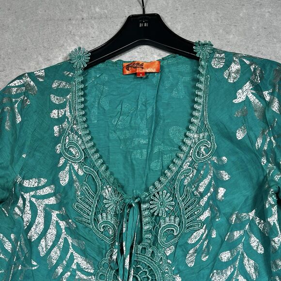 Hale Bob Top Womens Small Teal Silk Blend Metallic Gold Leaf Cabana Beach Tunic - Picture 2 of 14